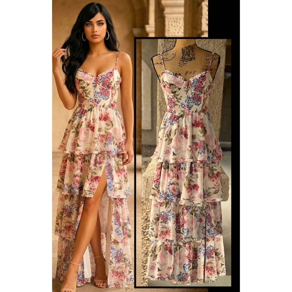 Petal and Pup Corset Boning Lace-Up Back Tiered Maxi  Mito Dress Size XS